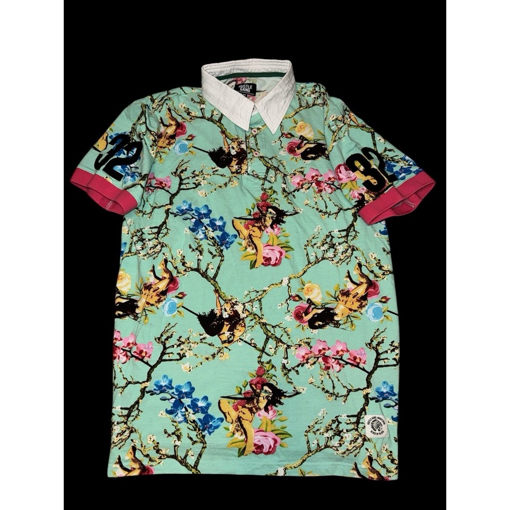 Y2K Hustle Gang Shirt Mens XL Cotton Polo Rugby Floral Graphic Women AOP